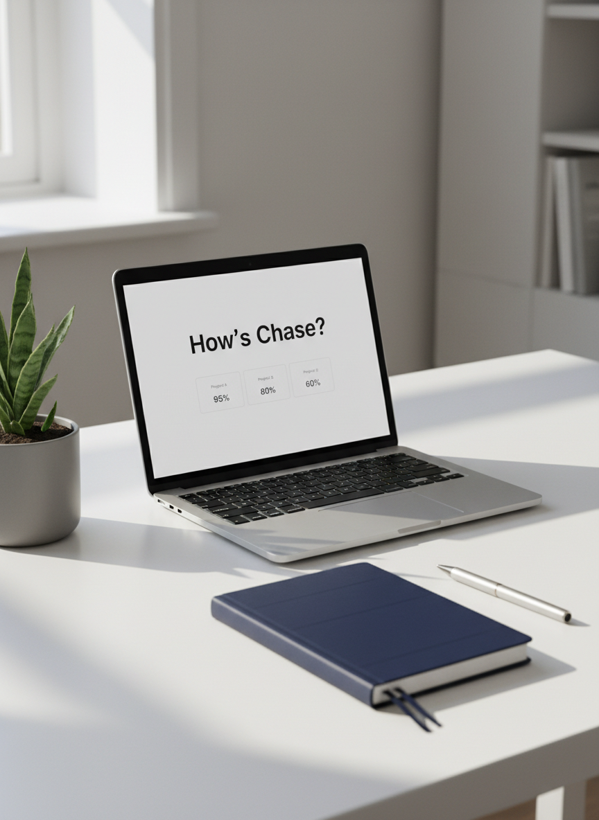 A sleek, modern workspace featuring an open laptop on a clean white desk, its screen displaying a simple dashboard with the words “How’s Chase?” in a professional sans-serif font. Beside the laptop lies a structured navy notebook and a silver pen neatly aligned, while a small, healthy green plant in a matte gray pot adds a touch of life. Soft daylight from an unseen window washes across the scene, creating gentle, natural shadows and subtle reflections on the laptop’s metallic surface. Photographic realism with a clean, corporate aesthetic, shot at eye level with a shallow depth of field so the background dissolves into a soft blur, conveying reliability, clarity, and organized progress updates without any human presence.