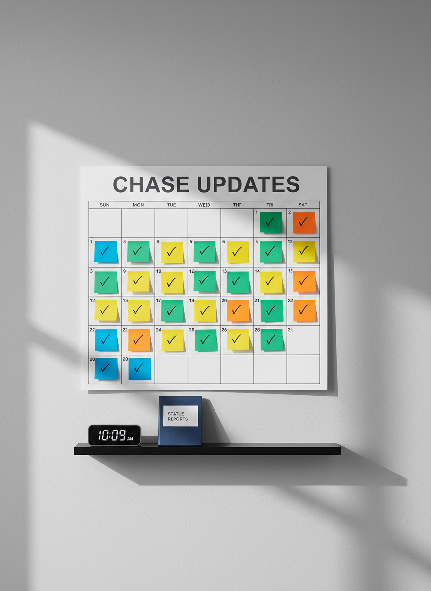 A large wall calendar mounted on a smooth light-gray wall, each date square neatly filled with color-coded sticky notes and checkmarks, with the words “Chase updates” written clearly across the top in a precise, professional style. A slim black shelf below holds a digital clock and a small, dark blue binder labeled “Status Reports.” Diffused, bright daylight from the side creates crisp but soft-edged shadows, emphasizing the grid of dates and notes. Shot straight-on with sharp focus throughout, in photographic realism, the composition is perfectly aligned and symmetrical, evoking a sense of structured tracking, consistency, and well-organized progress over time.